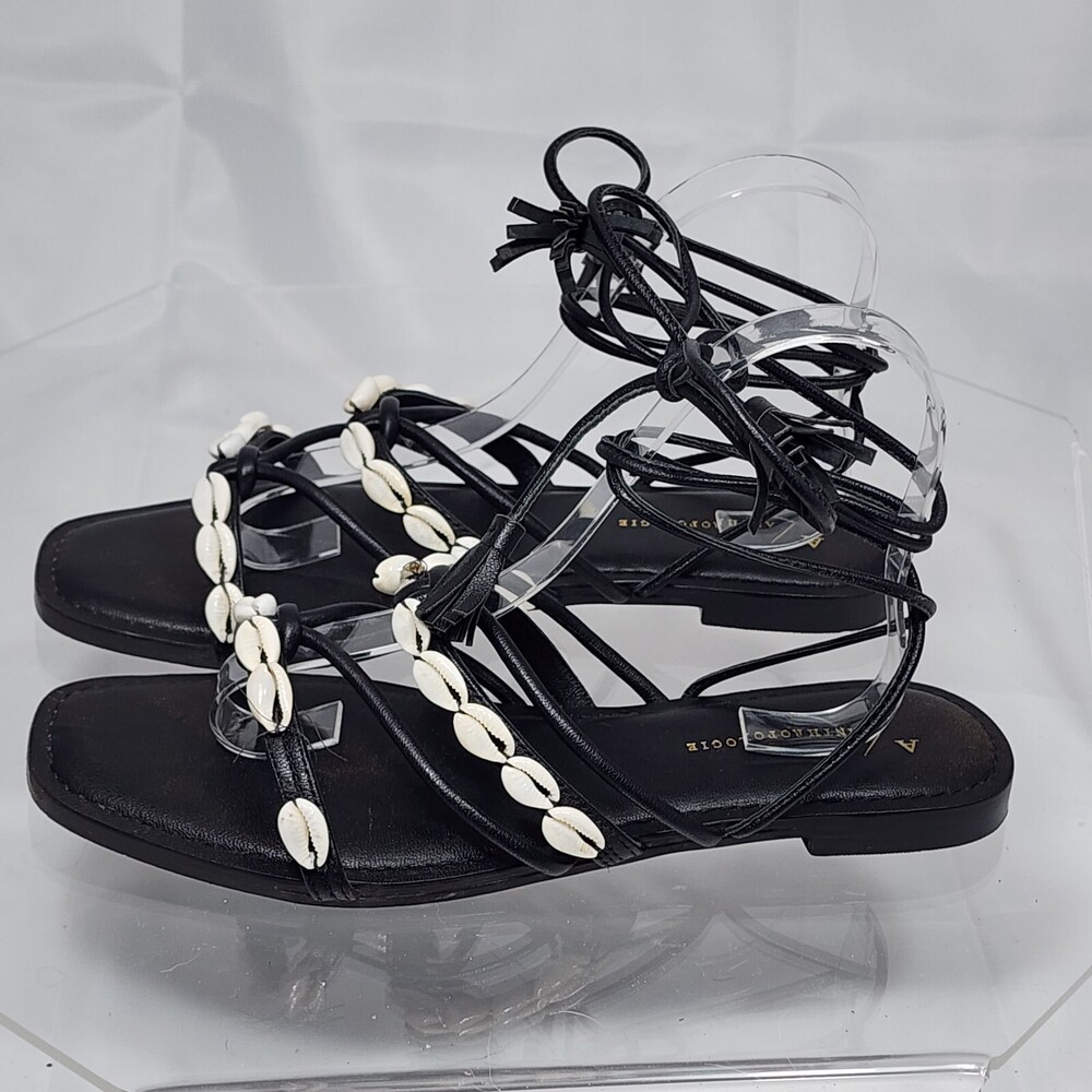Anthropologie Puka Ankle-Tie Sandals Black 7 Seashells Gladiator Leather Tassels